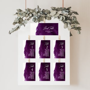 Lila Sitzplan-Karten, Pflaumen-Aquarell-Sitzplan-Vorlage, Hochzeits-Sitzplatzkarten, Sitzplan-Hochzeit, bearbeitbare Vorlage-Download