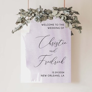 Lavender Welcome Sign for Wedding, Light Purple Printable Reception Sign, Pale Purple Watercolor Instant Download, Editable PDF in Templett