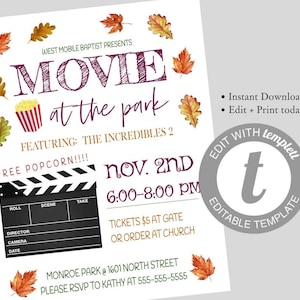 Family Movie Night Flyer, Drive in Movie bewerkbare sjabloon, Instant Download, School/PTA/Kerk Filmfeest Flyer, PTO Fundraiser Flyer