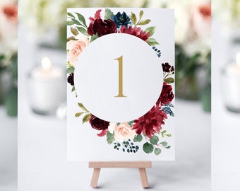 Burgundy Printable Table Numbers, Printable Table Numbers, Floral Table Numbers Wedding, Table Numbers Printable, Table Numbers Template
