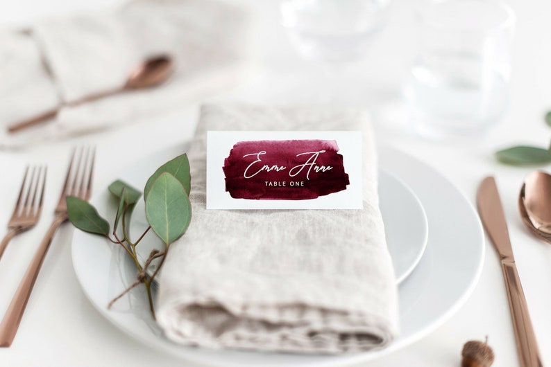 Burgundy Watercolor Place Cards Template, Merlot Printable Place Cards, Wedding Place Cards, Escort Cards, Place Card Wedding, Place Cards image 1