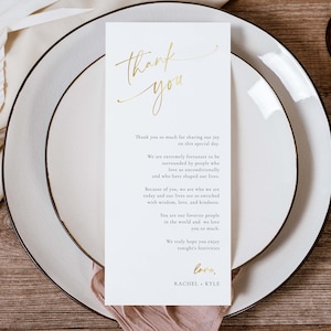 Modelo de agradecimento de mesa de casamento minimalista dourado, nota de guardanapo de agradecimento, agradecimento para impressão, configuração de local, download editável