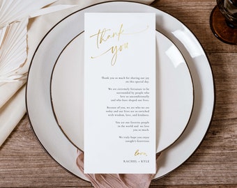 Plantilla de agradecimiento de mesa de boda minimalista de oro, nota de servilleta de agradecimiento, agradecimiento imprimible, ajuste de lugar gracias, descarga editable