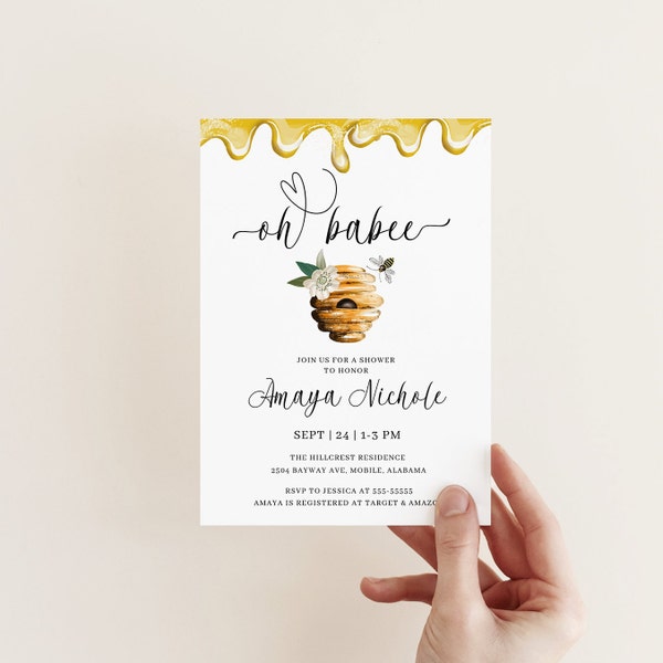 Editable Oh Babee Invite, Mommy to Bee Baby Shower, Parents to Bee, Honey Bee Shower Invite, Printable Template, Instant Download, Corjl