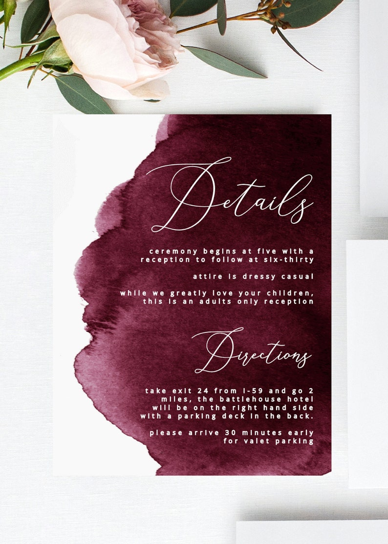 Burgundy Watercolor Wedding Invitations, Merlot Printable Wedding Template, Instant PDF Download, Editable Invitation Suite, Modern Invite image 3