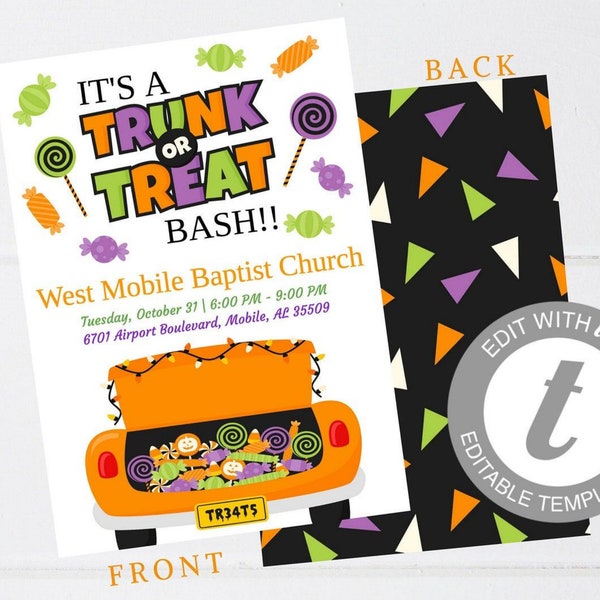 EDITABLE Trunk or Treat Flyer, Halloween Parade, Trunk or Treat Flyer, Halloween Invitation, School PTO Church Flyer, Instant Download