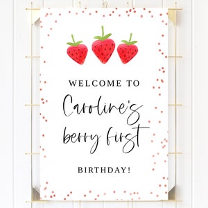 Berry First Birthday Welcome Sign, Editable Strawberry Birthday Welcome Poster, First Birthday Girl, Berry Sweet, 1st Birthday Welcome