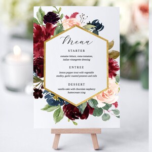 Menu Bourgogne, modèle de menu, téléchargement immédiat, cartes de menu imprimables, modèle de menu modifiable 5 x 7, modèle de menu floral, téléchargement TEMPLETT