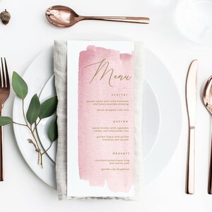 Rosa Aquarell druckbare Menü, Blush Rose druckbare Menükarten, mauve Menüvorlage, Hochzeitsmenü, Hochzeitsmenükarten, Menükarten