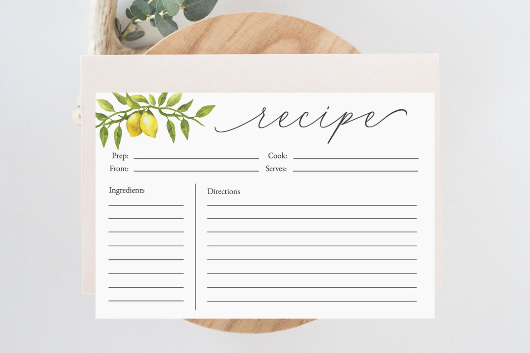 Printable Recipe Cards 4x6, Bridal Shower Recipe Cards, LEMON Recipe ...
