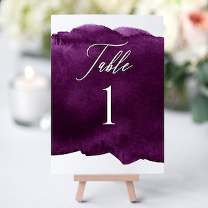 Plum Watercolor Printable Table Numbers, Editable Table Numbers Template, Purple Table Numbers, Table Numbers Wedding, Elegant Table Numbers