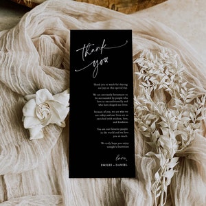 Schwarze Hochzeit Tisch Danke Vorlage, Danke Serviette Notiz, druckbare Danke, Gedeck Danke, bearbeitbar Sofort Download