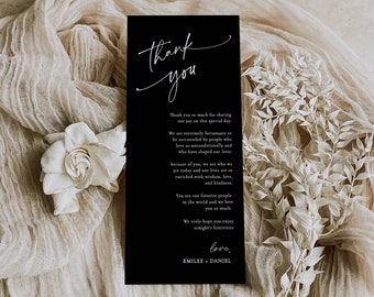 Black Wedding Table Thank You Template, Thank You Napkin Note, Printable Thank You, Place Setting Thank You, Editable Instant Download