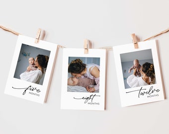 First Birthday Monthly Photo Banner, Editable Baby&#39;s First Year Photos, Modern 1st Birthday, Printable Photo Banner, 1st Birthday Photo