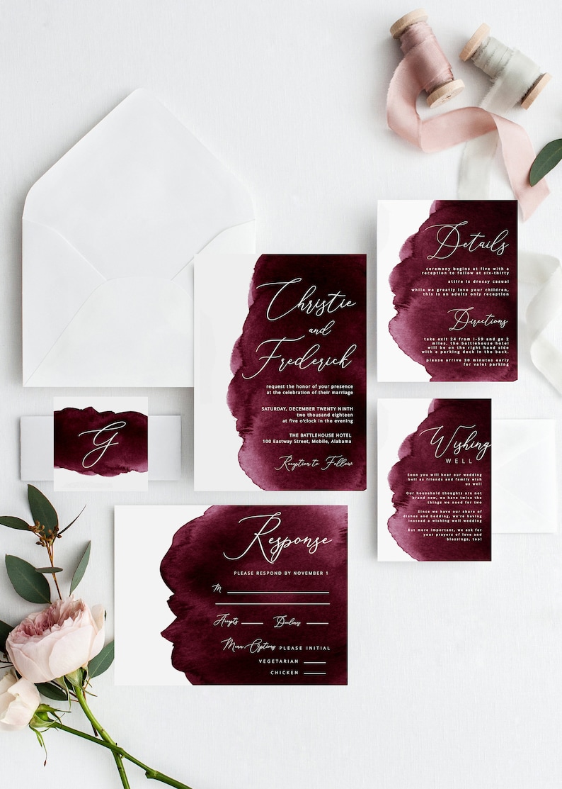 Burgundy Watercolor Wedding Invitations, Merlot Printable Wedding Template, Instant PDF Download, Editable Invitation Suite, Modern Invite image 1