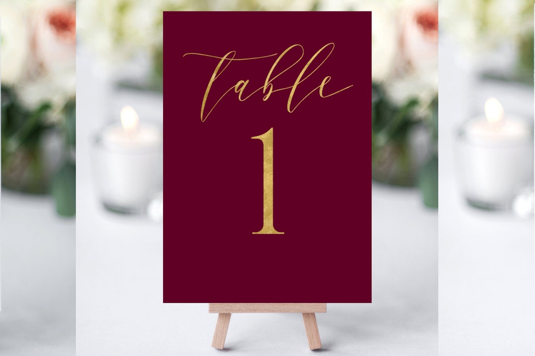 Burgundy and Gold Table Numbers, Printable Table Numbers, Gold Table
