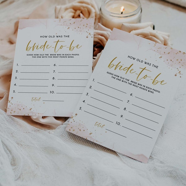 How old was the Bride, Guess the Bride's age, How old was the Bride to Be, Printable Bridal Shower Party Game, Blush and Gold Bridal Shower