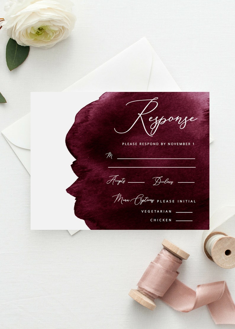 Burgundy Watercolor Wedding Invitations, Merlot Printable Wedding Template, Instant PDF Download, Editable Invitation Suite, Modern Invite image 2
