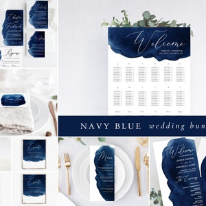 PACOTE Modelos de convite de casamento azul marinho, conjunto de coleção para impressão, menu de bar, programa, placa de boas-vindas, placas de mesa, download de convite