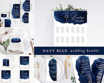BUNDLE Navy Blue Wedding Invitation Templates, Printable Collection Suite, Bar Menu, Program, Welcome Sign, Table Signs, Invitation Download