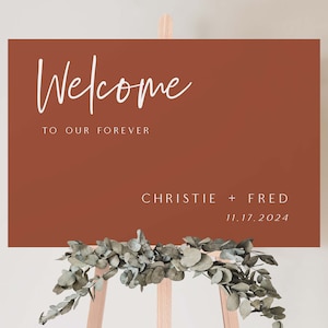 Terracotta Welcome Sign, Rust Welcome To Our Forever, Burnt Orange Shower Reception Wedding Sign, Instant Download, Editable PDF in Templett