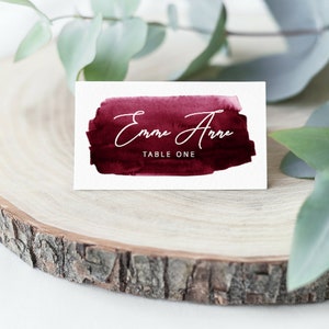 Burgundy Watercolor Place Cards Template, Merlot Printable Place Cards, Wedding Place Cards, Escort Cards, Place Card Wedding, Place Cards image 3