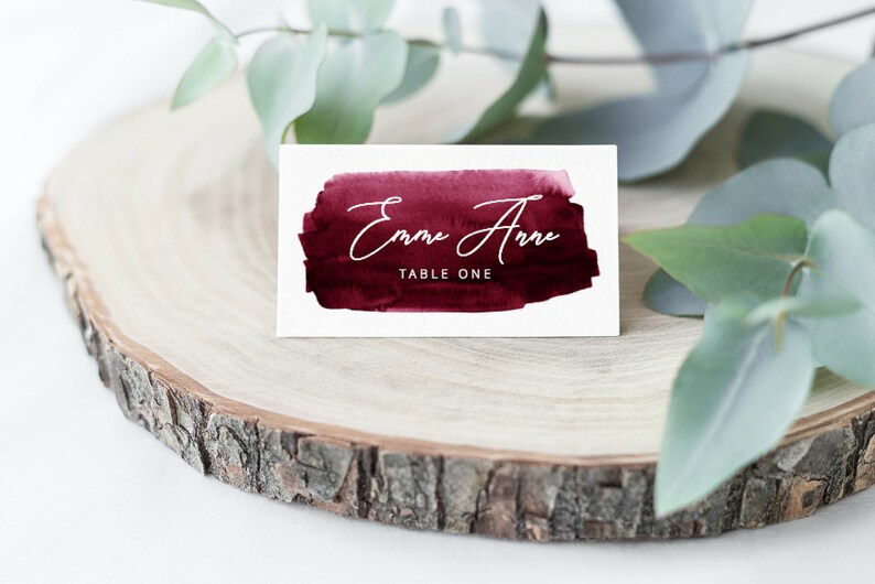 Burgundy Watercolor Place Cards Template, Merlot Printable Place Cards, Wedding Place Cards, Escort Cards, Place Card Wedding, Place Cards image 3