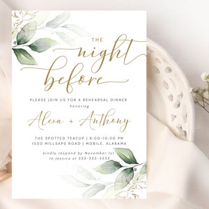 The Night Before Wedding Rehearsal Dinner Invitation, Greenery Gold Rehearsal Template, Instant Download, Printable Invite, Editable DIY