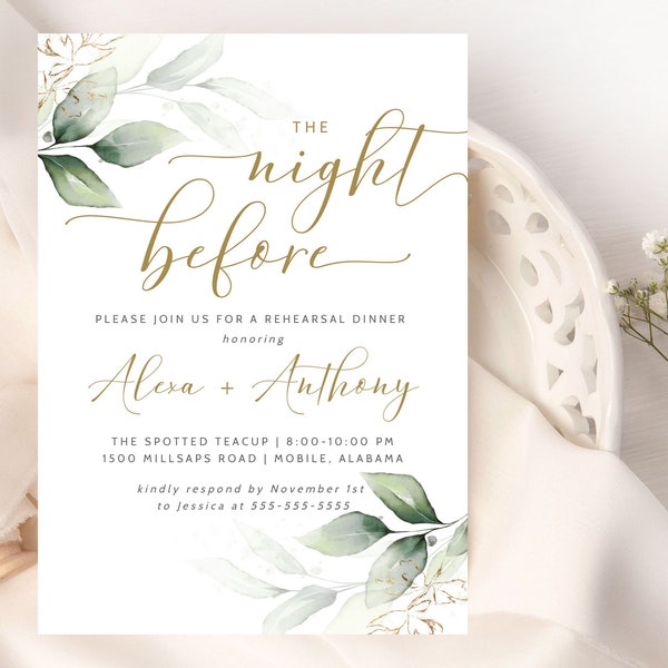 The Night Before Wedding Rehearsal Dinner Invitation, Greenery Gold Rehearsal Template, Instant Download, Printable Invite, Editable DIY