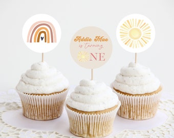 Erste Reise um die Sonne Cupcake Toppers | Unser kleiner Sonnenschein | Boho Sunshine Geburtstag Runde Cupcake Toppers oder Aufkleber | 1. Geburtstag