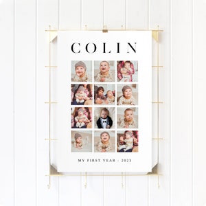 Affiche de la première année de bébé, modèle de collage de photos de première année, affiche du 1er anniversaire, année en images, collage de photos imprimable de 12 mois