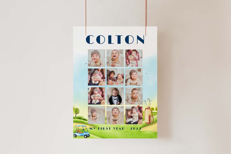 Editable Hole In One 1st Birthday, Baby's First Year Poster, Golf Par-tee First Year Photo Collage Template, 1st Birthday Year in pictures image 2