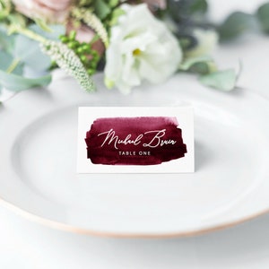 Burgundy Watercolor Place Cards Template, Merlot Printable Place Cards, Wedding Place Cards, Escort Cards, Place Card Wedding, Place Cards image 2