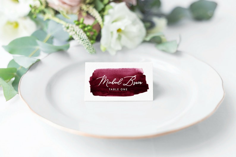 Burgundy Watercolor Place Cards Template, Merlot Printable Place Cards, Wedding Place Cards, Escort Cards, Place Card Wedding, Place Cards image 2