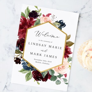 Burgundy and Blush Wedding Program Template, Folded Wedding Programs Instant Download, Editable Wedding Program Printable, Bi-Fold Program