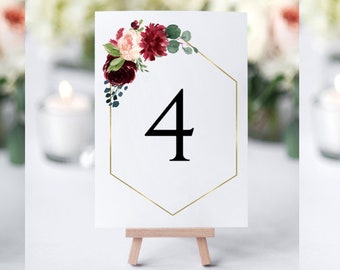 Burgundy and Blush Table Numbers, Printable Table Numbers, Floral Table Numbers Wedding, Table Numbers Printable, Table Numbers Template