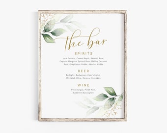 Greenery Gold Wedding Bar Menu Sign, Printable Drink Menu, Eucalyptus Bar Menu Template, Instant Download Templett PDF, Wedding Decor