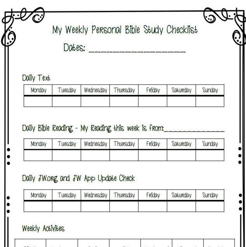 Weekly Personal Bible Study Checklist Printable Family - Etsy