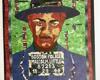 Individual Art Card by Ramsess, 5x7 Image of Quilt Depicting Mugshot of Malcolm X. Please order MINIMUM ANY TWO  individual cards.