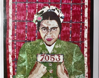 Individual Art Card by Ramsess, image of quilt depicting mugshot of freedom fighter Rosa Parks