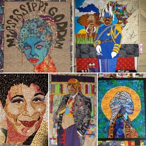Gruppe Zwei der Kunstkarten von Ramsess, Bilder von Quilts mit Nina Simone, Marcus Garvey, Ella Fitzgerald, Toni Morrison und W.E.B. DuBois