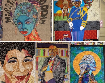 Group Two of Art Cards by Ramsess, Images of Quilts Featuring Nina Simone, Marcus Garvey, Ella Fitzgerald, Toni Morrison and W.E.B. DuBois