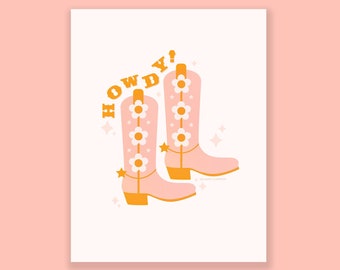 Pink Howdy Cowgirl Boot Art Print 8.5x11, Cowgirl Boot Print, Western Art Print, Pink Cowboy Boots Print, Pink Cowboy Boots Print
