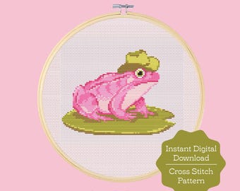 Cowboy Frog Cross Stitch Pattern, Instant download PDF pattern, Whimsical pink frog cross stitch design