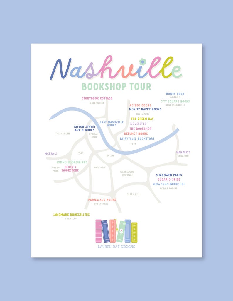 Nashville Bookshop Tour Map Art Print Book Store Map 8x10 Nashville Il Fbg3 