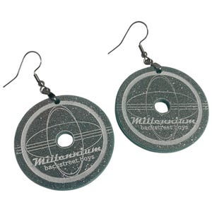 May include: A pair of circular teal glitter earrings featuring a central hole and a silver engraved design. The graphic includes an oval orbit motif and the text Millennium backstreet boys. Each earring hangs from a dark metal hook wire.