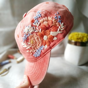 Hand Embroidered Hat, Pink Embroidered Baseball Cap, Floral Embroidery Cap, Gift for Women, Birthday Gift, Boho Hat, Christmas Gift