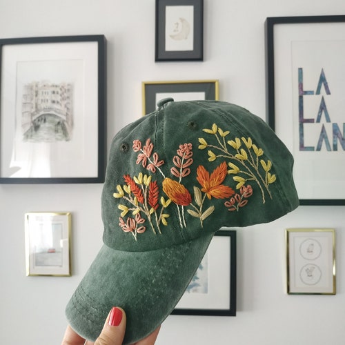 Hand Embroidered Hat Green Floral Embroidery Baseball Cap Etsy
