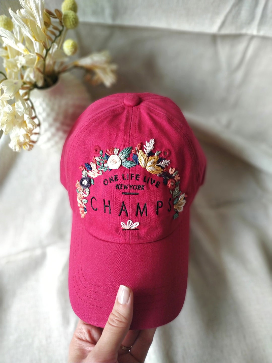 Hand Embroidered Hat, Pink Floral Embroidery Baseball Cap, Gift for Women, Birthday Gift, Summer