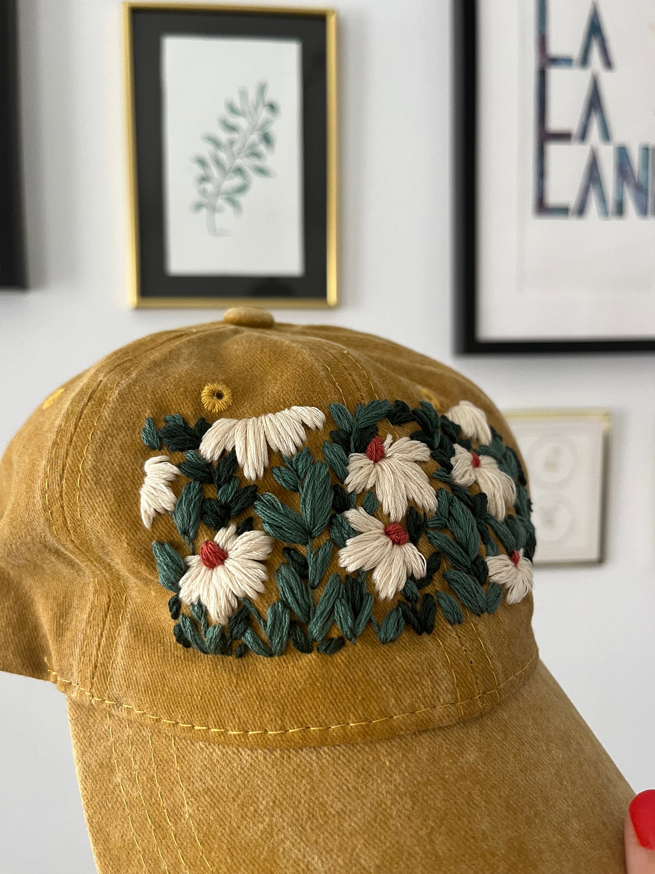 Hand Embroidered Floral Baseball Cap, Yellow Daisy Cotton Hat - Etsy